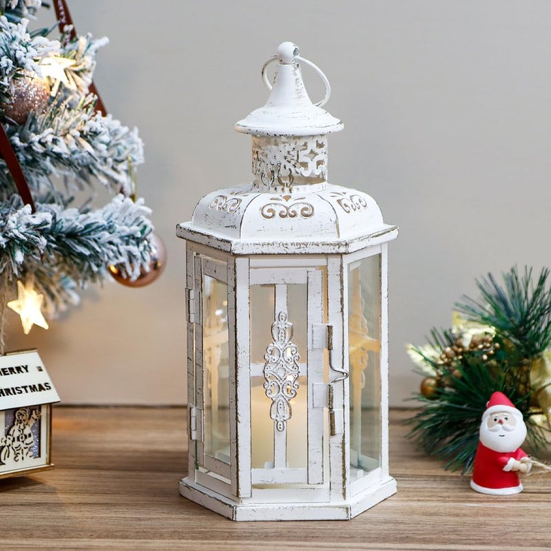 JHY DESIGN Decorative Candle lantern-10inch High Vintage Style Hanging Lantern Metal Candleholder for Indoor Outdoor Events Parities and Weddings (White with Gold Brush) - Image 4